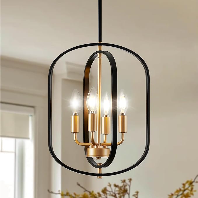 Black and Gold Chandelier Light Fixture, 4-Light Dining Room Chandelier Over Table Farmhouse Rustic Small Entryway Chandeliers Island Pendant Lights for Kitchen Entryway Foyer Living Room