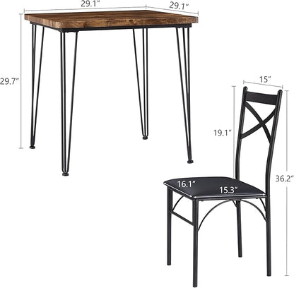 VECELO 3-Piece Dining Table Set for Home Kitchen Small Space Breakfast Nook, 2 Faux Leather Metal Frame Chairs,Brown,Set for 2