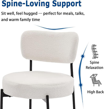 White Boucle Dining Chairs Set of 2, Upholstered Dinner Chair with Metal Frame, Dining Room Chairs with Padded Seat, Round Modern Seating for Living Room