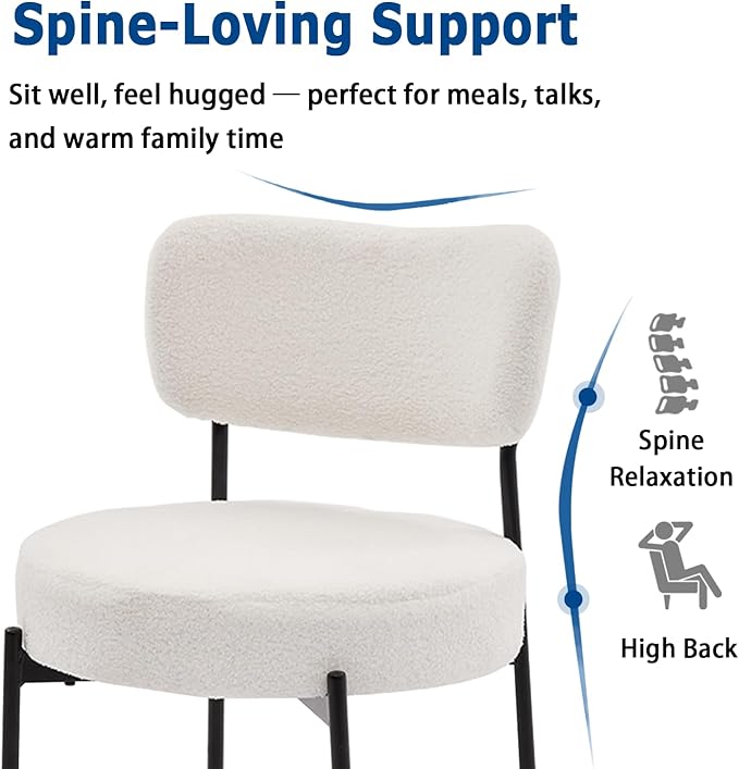 White Boucle Dining Chairs Set of 8, Upholstered Dinner Chair with Metal Frame, Dining Room Chairs with Padded Seat, Round Modern Seating for Living Room