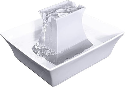 PetSafe Drinkwell Pagoda Fountain - 70 oz Ceramic, White - Filters Incl. | 2 Free-Falling Water Streams Encourage Hydration, Open Bowl Design, Replaceable Carbon & Foam Filters