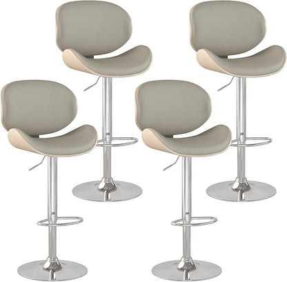 Adjustable Swivel Bar Stools Set of 4, Modern Bentwood Barstool with Large Metal Base and Footrest, PU Leather Upholstered Bar Chair with Curved Back for Kitchen Island Dining Room, Gray