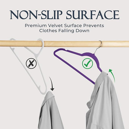 HOUSE DAY Noble-Purple Velvet Hangers 60 Pack, Non Slip Clothes Felt Hanger Heavy Duty for Coat, Premium Slim Space Saving Suit Hangers for Closet Organizer, 360° Rotating Silver Hook