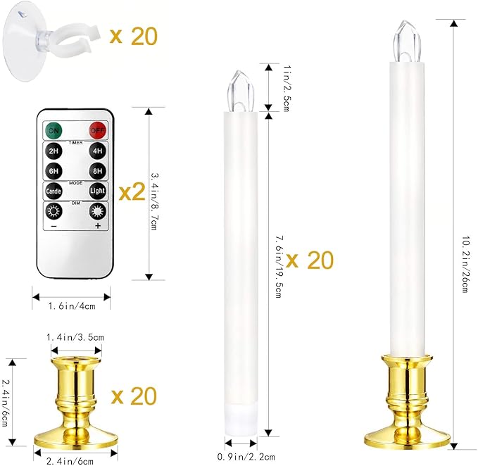 YAUNGEL Window Candles, 20 Pack LED Battery Operated Christmas Candles for Windows with Remote Timer Electric Candle Lights with Removable Candle Holders Suction Cups for Christmas Decorations, Gold
