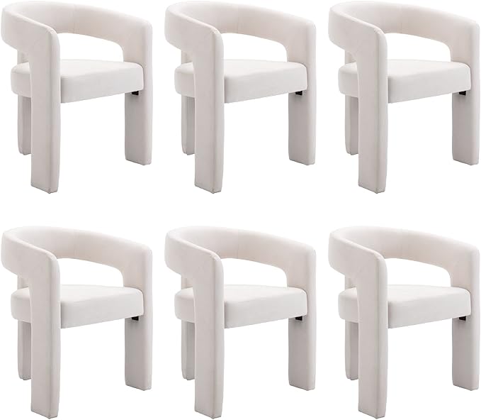 Set of 6 Modern Linen Fabric Upholstered Dining Chairs with Open-Back, Cute Barrel Side Chairs Kitchen Armchair Accent Chairs for Dining Room Bedroom, Ivory