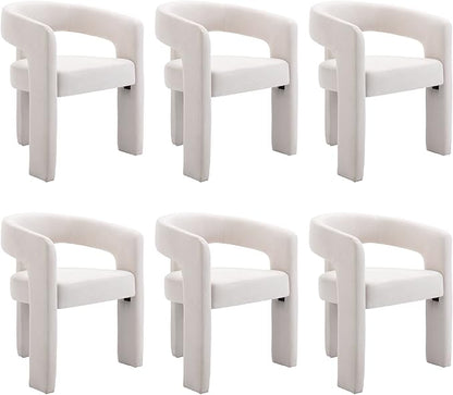 Set of 6 Modern Linen Fabric Upholstered Dining Chairs with Open-Back, Cute Barrel Side Chairs Kitchen Armchair Accent Chairs for Dining Room Bedroom, Ivory