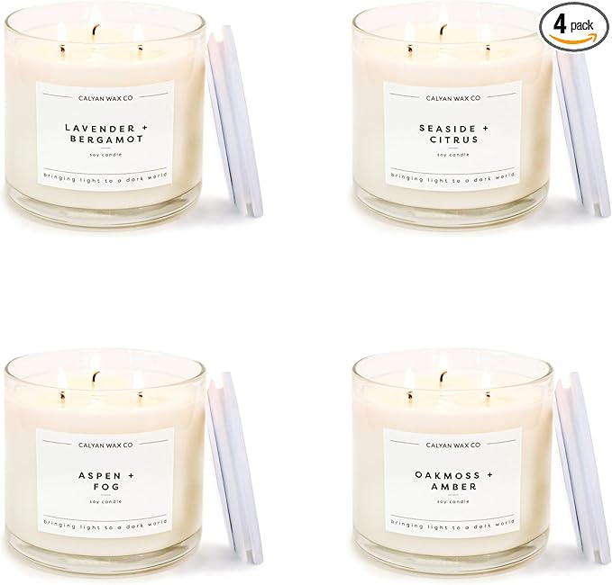 Calyan Wax Co. Everyday 3 Wick Scented Candle Gift Set - 4 Luxury Scented Candles - 43 Hour Burn - 3 Wick Non Toxic Soy Wax Candles - Long Lasting Large Glass Jar Candle for Home - 14.9oz