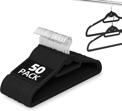Velvet Stackable Hangers 50 Pack Black, Non Slip Space Saving Felt Hanger with Cascading Hooks, Ultra Thin and 360° Swivel Hook, Heavy Duty for Suit Shirt Pant