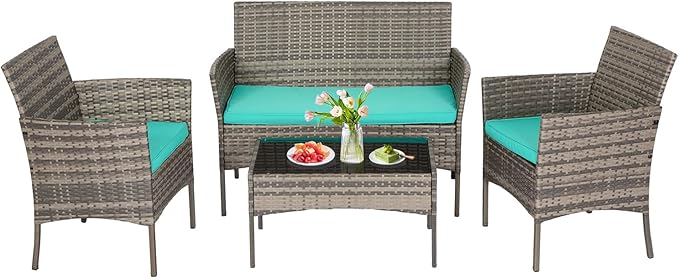 FDW | 4-Piece Patio Furniture Set | Gray & Blue | Outdoor Wicker Furniture with Coffee Table | Modern Rattan Chairs Conversation Set | Outdoor Seating | Weather-Resistant | for Porch, Garden, Lawn