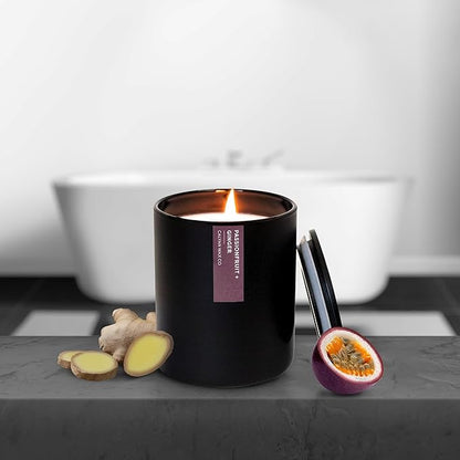 Calyan Wax Co. Passionfruit & Ginger Scented Candle - 75 Hour Burn - Luxury Non Toxic Soy Wax Candles - Long Lasting Black Tumbler Jar Candle for Home - 10.2oz
