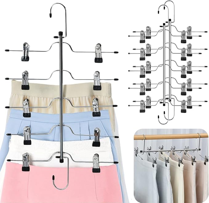 3 Pack Skirt Hangers Space Saving 5 Tier Metal Skirt Hanger with Clips, Durable Heavy Duty Trouser Pants Hangers Closet Organizer for Jeans, Slacks, Shorts