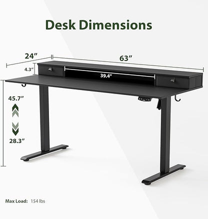 Agilestic 63 x 24 Inches Electric Standing Desk with 2 Storage Drawers, Stand Up Desk Adjustable Height, Sit and Stand Computer Table with Splice Board, Black