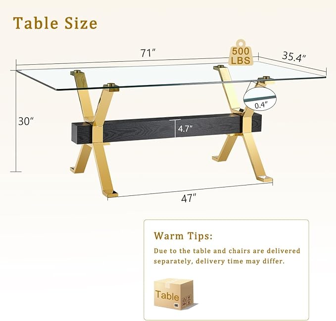 Glass Dining Table 71"｜Modern Dining Table for 6-8｜0.4" Thick Tempered Glass Top｜Chrome Gold Metal Legs｜Black Crossbar｜Easy Assembly｜Perfect for Dining Room or Kitchen