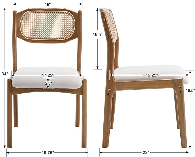 EALSON Mid Century Modern Rattan Dining Chairs Set of 4 Upholstered Linen Dining Room Chairs with Cane Back Farmhouse Kitchen Chairs Comfy Side Chair with Hardwood Frame,Beige
