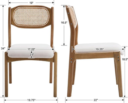 EALSON Farmhouse Rattan Dining Chairs Set of 2 Modern Mid Century Wood Dining Room Chairs with Cane Back Upholstered Linen Kitchen Side Chairs for Living Dining Room,Beige