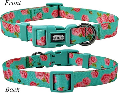 Dog Collar Leash Set, Floral Pattern, Polyester Material, Adjustable Collar and 5ft Matching Leash, for Medium Dogs.(M, Green Rose)