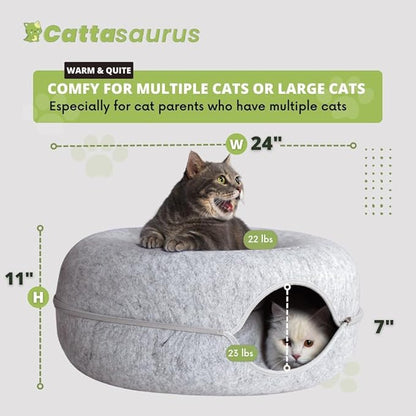 CATTASAURUS Peekaboo Cat Cave for Multiple & Large Cats Up to 30-45 Lbs, Scratch Detachable & Washable Tunnel Bed, Comfy Donut Cat Cave (Light Gray + Light Gray, Large)