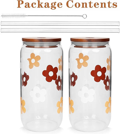Glass Cups with Lids and Straws, Can Shaped Glass Cups, 20OZ Glass Cups, Drinking Glasses, Iced Coffee Glasses Cup, Smoothie Cups, Tumbler Glass, Reusable Iced Coffee Cup Drinking Glasses -Set of 2