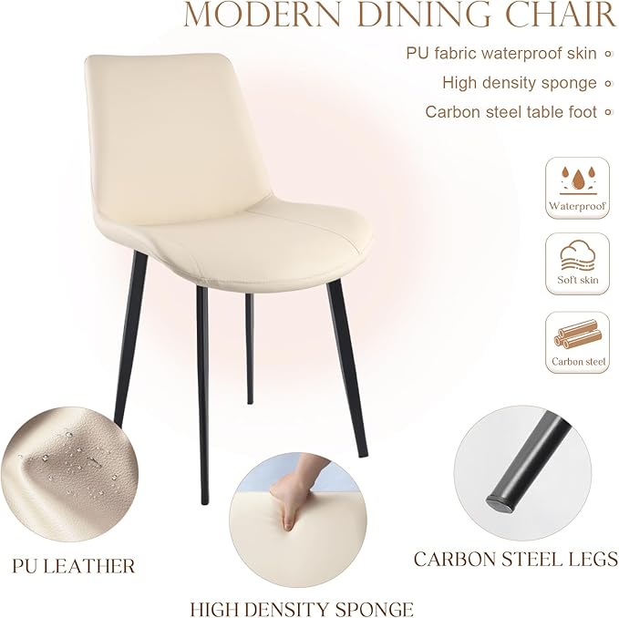 Dining Chairs, Modern PU Leather Dining Room Chair with Sturdy Metal Legs, Upholstered Seat Dinner Chairs Accent Side Chairs for Indoor Kitchen Living Room (Beige, Set of 6)