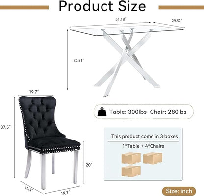 Goujxcy 5 Piece Glass Dining Table Set Modern Glass Dining Table Set for 4, 51" Rectangular Kitchen Table and 4 Velvet Upholstered Chairs for Kitchen Dining Room, Silver Table & Black Chair