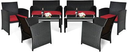 Tangkula Patio Wicker Conversation Furniture Set, Patiojoy Sofa & Table Set w/4 Seats, Outdoor Rattan Sofa Set for Balcony Backyard, Wicker Chair Set with Tempered Glass Coffee Table (2, Red)