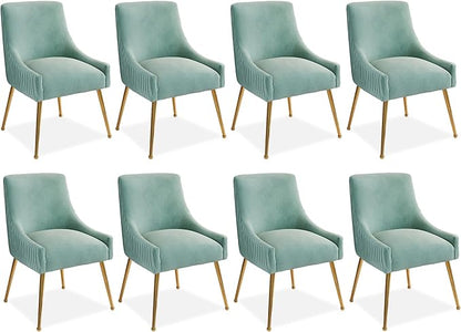 Dining Chairs, Accent Chairs Set of 8, Modern Upholstered Kitchen Dining Room Chairs with Gold Legs, Fabric Tufted Velvet Living Room Chairs for Reception Room Bedroom Guest Room (Green)
