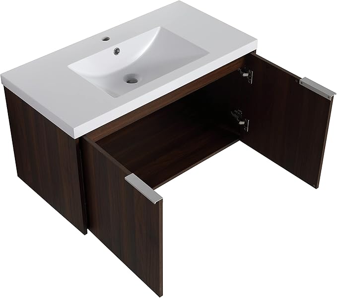 Goujxcy 36" Wall Mounted Bathroom Vanity with Sink, Modern Floating Bathroom Cabinet with White Resin Wash Basin & Storage Cabinet, Soft-Close Door Wood Hanging Bath Room Cabinet