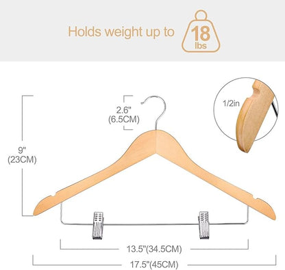 HOUSE DAY Wooden Hangers with Clips 48 Pack,Wooden Suit Hangers Skirt Hangers Solid Wood Pants Hangers Natural Smooth Finish Wood Hangers with Durable Metal Clips for Blouse, Dress, Coat, Jacket