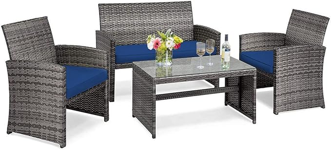 Tangkula 4 PCS Wicker Patio Conversation Set, Outdoor Rattan Sofas with Table Set, Patio Furniture Set with Soft Cushions & Tempered Glass Coffee Table for Poolside Balcony