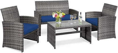 Tangkula 4 PCS Wicker Patio Conversation Set, Outdoor Rattan Sofas with Table Set, Patio Furniture Set with Soft Cushions & Tempered Glass Coffee Table for Poolside Balcony