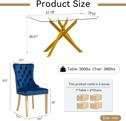 Goujxcy Glass Dining Table Set for 6, Modern Kitchen Table and Chairs Set of 6, 7-Piece Kitchen Dining Room Table Set w/51 Glass Gold Dining Table and 6 Blue Velvet Upholstered Chairs