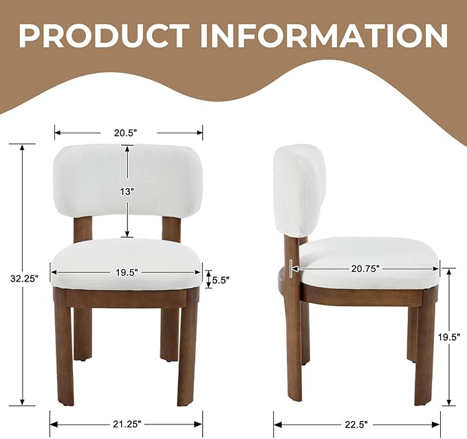 Beige Dining Chairs Set of 2 Mid Century Modern Upholstered Dining Room Chairs with Curved Backrest and Wooden Legs for Kitchen Island, Dining Room
