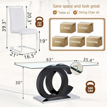 63'' Glass Dining Table Set for 6, Kitchen Table Chairs Set of 6, Clear Glass Dining Table with Black unique design Leg and Silver Metal Base, 6 PU Dining Chairs with Metal Legs, Living Room, Kitchen.