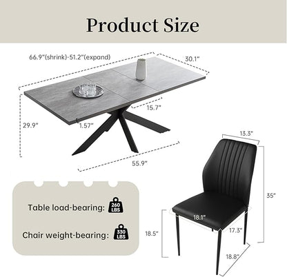 ZckyCine 6-8 Person Modern Rectangular Dining Table Set, 51-67 Inch Expandable Space-Saving Metal Frame Dining Table with Gray Table and 6 Black Chairs for Kitchen or Dining Room