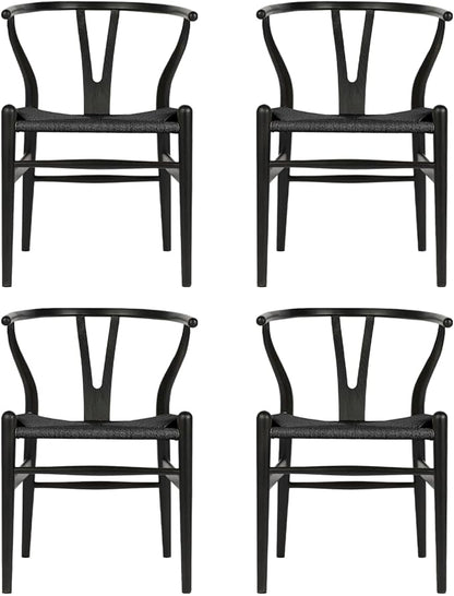 Tomile Wishbone Chair Y Chair, Wooden Dining Chairs Set of 4, Mid Century Modern Chairs with Arms, Solid Wood Weave Seat Kitchen & Dining Room Chairs (Ash Wood - Black)