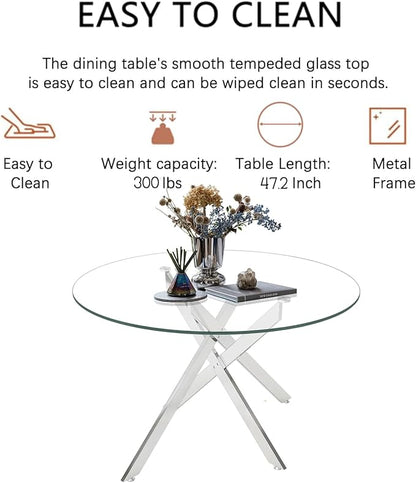 Goujxcy Round Dining Table Set for 6, Modern Glass Kitchen Table and Chairs Set of 6, 7 Piece Dining Room Table Set with 47" Circle Silver Metal Glass Dinner Table and 6 Grey Leather Dining Chairs