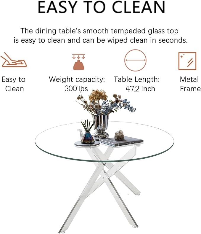 Goujxcy Round Dining Table Set for 4, Modern Glass Kitchen Table and Chairs Set of 4, 5 Piece Dining Room Table Set with 47" Circle Silver Metal Glass Dinner Table and 4 Grey Leather Dining Chairs