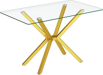 47" Tempered Glass Dining Table for 4, Modern Kitchen Table Rectangle Top, Geometric Metal Leg, for Apartment Dining Room Restaurant (Gold)