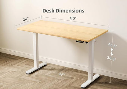Claiks Bamboo Electric Standing Desk, Adjustable Height Stand up Desk, 55x24 Inches Sit Stand Home Office Desk with Splice Board, White Frame/BambooTop