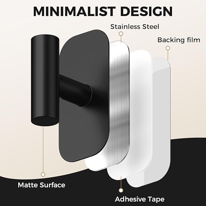 Adhesive Towel Hooks for Shower,Waterproof Heavy Duty Bathroom Hooks,Wall Mounted Sticky Hangers for Coats/Aprons/Robes,No Drilling(Black,2 Pack)