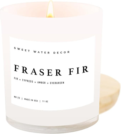 Sweet Water Decor Fraser Fir Candle - Evergreen, Fir, Cedar, and Cypress Winter Holiday Scented Soy Christmas Candles for Home - 11oz White Jar, 50+ Hour Burn Time, Made in The USA