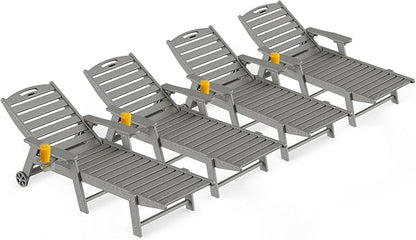 Outdoor Lounge Chair Set of 4, All Weather Patio Chaise Lounge Chairs for Outside, HDPE Chair with Rolling Wheels & Cup Holder, 5 Position, Deck, Pool, Grey
