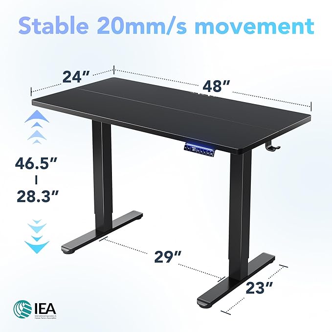 HUANUO AI-Powered Electric Standing Desk with Smart APP, Compatible with Alexa & Google, Adjustable Height, 6 Memory Settings, Sedentary Reminder, Ergonomic Sit-Stand Desk, 48-inch, Black