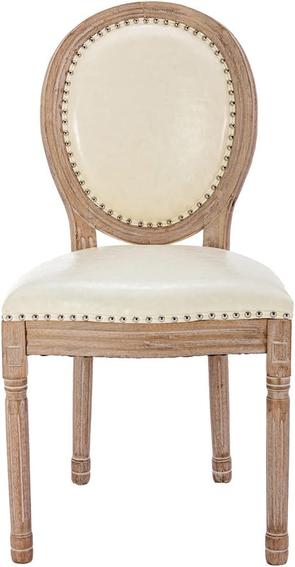 Nrizc French Country Dining Chairs Set of 6, Leather Farmhouse Dining Room Chairs with Round Back, Solid Wood Legs, Oval Side Chairs for Kitchen/Bedroom/Dining Room