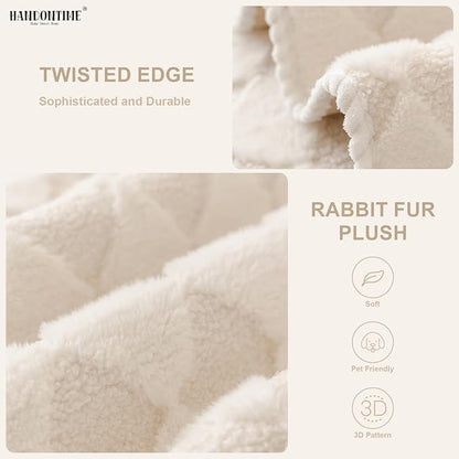 HANDONTIME Non-Slip Pet Couch Cover Washable, Plush Faux Fur Couch Protector for Cushion Pet-Friendly Sofa Covers for Dogs, Checkered Diamond Sectional Covers Dog Mat for Sofa (Ivory, 35.6" x 70.9")