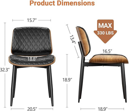 Dining Chairs Set of 8, FSC Certified Mid Century Modern Accent Dining Room and Kitchen Chairs, Upholstered PU Leather Diamond Check Chairs with Walnut Bentwood and Metal Legs, Black