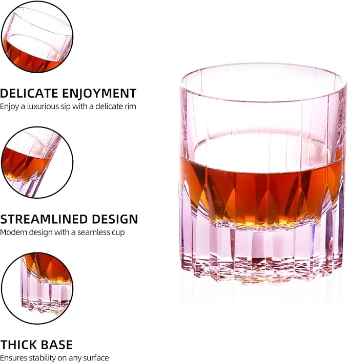 KAMMAK Crystal Whiskey Glasses Set of 2, 7.61 oz (225 ml) Hand Blown Old Fashioned Tumbler, Pink Thick Base Glass with Delicate Rim & Seamless Design for Scotch, Bourbon, Cocktails, Lead-Free Barware