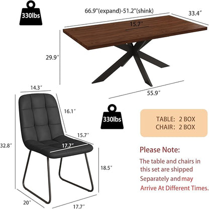 ZckyCine 7-Piece Dining Table Set with 51"-67" Extendable Walnut Wood Table and 6 PU Leather Chairs, Modern Rectangular Kitchen Table Set with Metal Legs, Seats 6, Easy Assembly