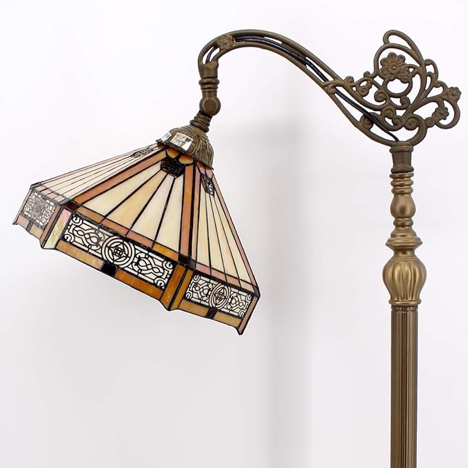 WERFACTORY Tiffany Floor Lamp Mission Hexagon Stained Glass Arched Lamp 12X18X64 Inches Gooseneck Adjustable Corner Standing Reading Light Decor Bedroom Living Room S011 Series