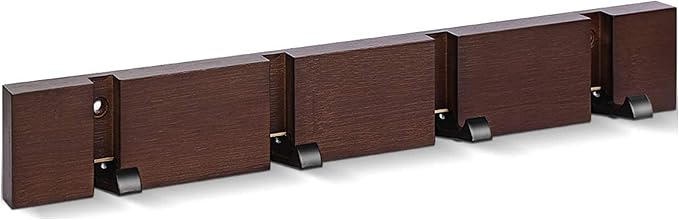 Modern Wooden Coat Rack - Wall Mounted - 4 Folding Hooks - Brown Coat Hanger for Purses, Keys